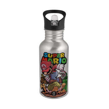 Super mario Jump, Water bottle Silver with straw, stainless steel 500ml
