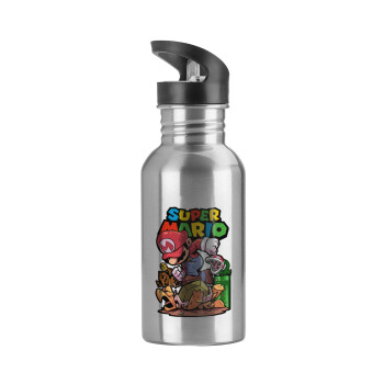 Super mario Jump, Water bottle Silver with straw, stainless steel 600ml