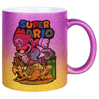 Super mario Jump, Κούπα Χρυσή/Ροζ Glitter, κεραμική, 330ml