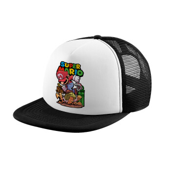 Super mario Jump, Καπέλο Ενηλίκων Soft Trucker με Δίχτυ Black/White (POLYESTER, ΕΝΗΛΙΚΩΝ, UNISEX, ONE SIZE)