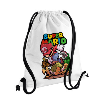 Super mario Jump, Τσάντα πλάτης πουγκί GYMBAG λευκή, με τσέπη (40x48cm) & χονδρά κορδόνια