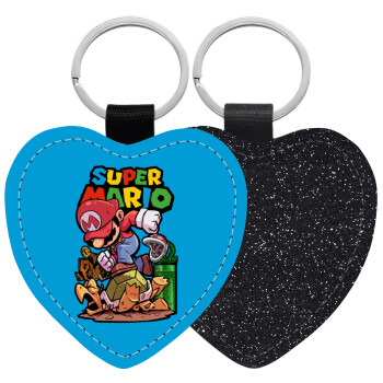 Super mario Jump, Μπρελόκ PU δερμάτινο glitter καρδιά ΜΑΥΡΟ