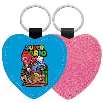 Super mario Jump, Μπρελόκ PU δερμάτινο glitter καρδιά ΡΟΖ