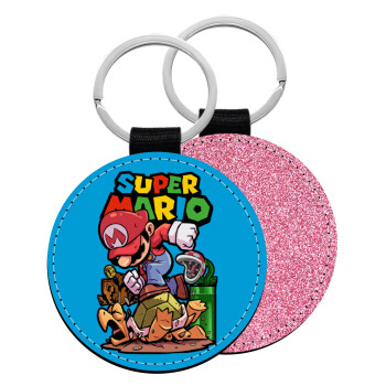 Super mario Jump, Μπρελόκ Δερματίνη, στρογγυλό ΡΟΖ (5cm)