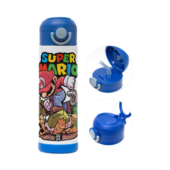 Super mario Jump, Children's hot water bottle, stainless steel, with safety straw, BLUE (500ml)