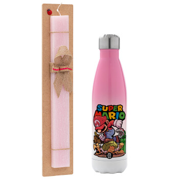 Super mario Jump, Easter Set, Metallic pink/white (Stainless steel) thermos, double-walled, 500ml & aromatic flat Easter candle (30cm) (PINK)