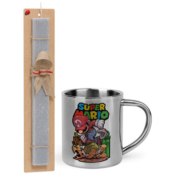 Super mario Jump, Easter Set, metallic thermal cup (300ml) & Easter aromatic flat candle (30cm) (GRAY)