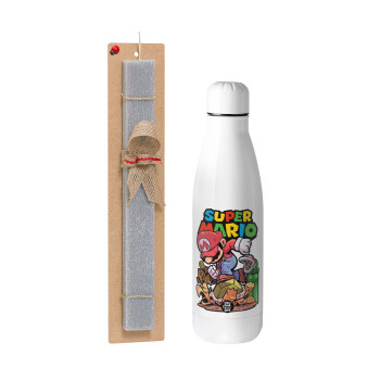 Super mario Jump, Easter Set, metallic stainless thermos bottle (500ml) & scented flat Easter candle (30cm) (GRAY)