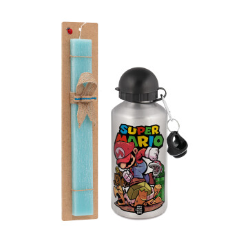 Super mario Jump, Easter Set, metallic silver aluminum water bottle (500ml) & scented flat Easter candle (30cm) (TURQUOISE)