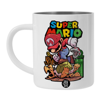Super mario Jump, Λευκή Ανοξείδωτη Μεταλλική Κούπα 450ml - Διπλού Τοιχώματος 