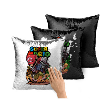 Super mario Jump, Μαξιλάρι καναπέ Μαγικό Μαύρο με πούλιες 40x40cm περιέχεται το γέμισμα