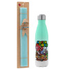 Easter Set, Metallic green/white thermos (Stainless steel), double-walled, 500ml & scented flat Easter candle (30cm) (TURQUOISE)