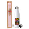 Easter Set, metallic stainless steel water bottle (750ml) & scented flat Easter candle (30cm) (PINK)