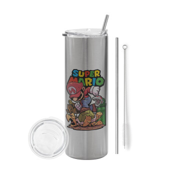 Super mario Jump, Eco friendly stainless steel Silver tumbler 600ml, with metal straw & cleaning brush