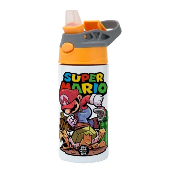 Super mario Jump, Children's hot water bottle, stainless steel, with safety straw, Orange/Grey (360ml) BPA-FREE