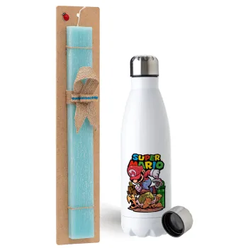 Super mario Jump, Easter Set, metallic stainless steel water bottle (750ml) & aromatic flat Easter candle (30cm) (TURQUOISE)