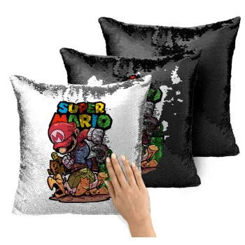 Super mario Jump, Μαξιλάρι καναπέ Μαγικό Μαύρο με πούλιες 40x40cm περιέχεται το γέμισμα