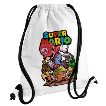 Super mario Jump, Backpack pouch GYMBAG white, with pocket (40x48cm) & thick cords