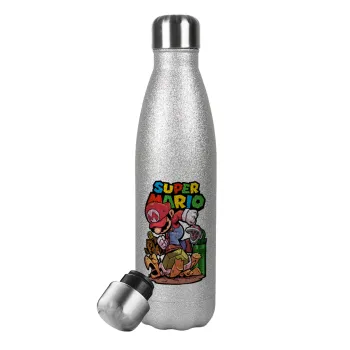 Super mario Jump, Μεταλλικό παγούρι θερμός Glitter Aσημένιο (Stainless steel), διπλού τοιχώματος, 500ml