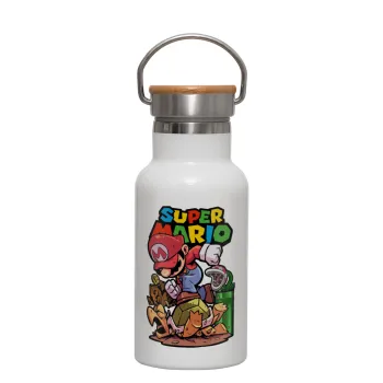 Super mario Jump, Μεταλλικό παγούρι θερμός (Stainless steel) Λευκό με ξύλινο καπακι (bamboo), διπλού τοιχώματος, 350ml