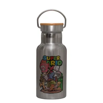 Super mario Jump, Μεταλλικό παγούρι θερμός (Stainless steel) Ασημένιο με ξύλινο καπακι (bamboo), διπλού τοιχώματος, 350ml