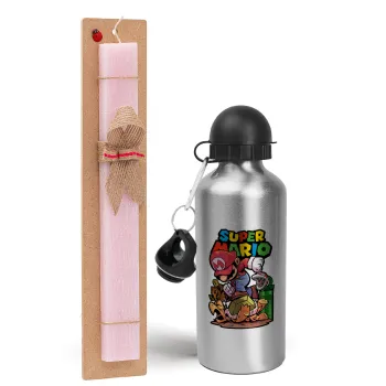 Super mario Jump, Easter Set, metallic Silver aluminum water bottle (500ml) & scented flat Easter candle (30cm) (PINK)