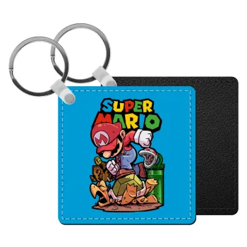 Super mario Jump, Μπρελόκ Δερματίνη, τετράγωνο ΜΑΥΡΟ (5x5cm)