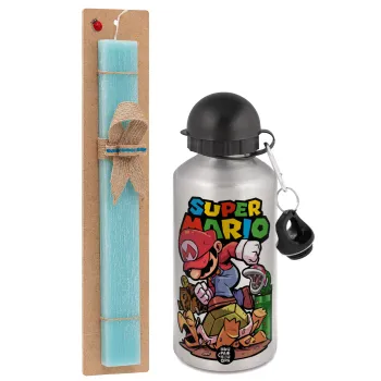 Super mario Jump, Easter Set, metallic silver aluminum water bottle (500ml) & scented flat Easter candle (30cm) (TURQUOISE)