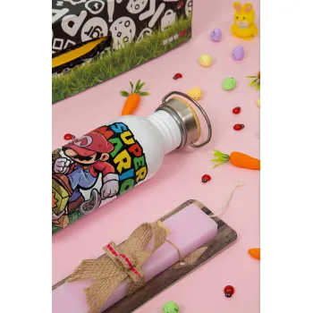 Super mario Jump, Easter Set, SS Metallic water bottle (620ml, stainless steel) & scented flat Easter candle (30cm) (PINK)