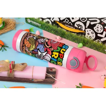 Super mario Jump, Easter candle, Childrens hot water bottle, stainless steel, with safety straw, PINK (500ml)