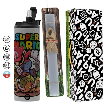 Super mario Jump, Easter candle with Grey Tumbler Thermo 600ml & aromatic flat candle (30cm) (GREY)