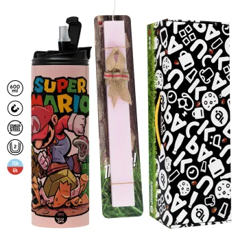 Super mario Jump, Easter candle,Travel Tumbler 2 Lids, with metal straw & cleaning brush & aromatic flat candle (30cm) (PINK)