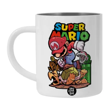 Super mario Jump, Λευκή Ανοξείδωτη Μεταλλική Κούπα 450ml - Διπλού Τοιχώματος 
