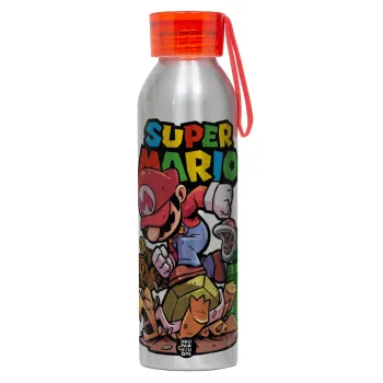 Super mario Jump, Αλουμινένιο Αθλητικό Μπουκάλι 650ml – Ασημί με Κόκκινο Καπάκι και Λουράκι Σιλικόνης