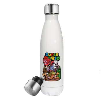 Super mario Jump, Μεταλλικό παγούρι θερμός Λευκό (Stainless steel), διπλού τοιχώματος, 500ml