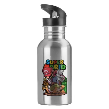 Super mario Jump, Water bottle Silver with straw, stainless steel 600ml