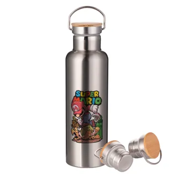 Super mario Jump, Μεταλλικό παγούρι θερμός (Stainless steel) Ασημένιο με ξύλινο καπακι (bamboo), διπλού τοιχώματος, 750ml