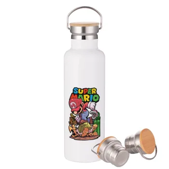 Super mario Jump, Μεταλλικό παγούρι θερμός (Stainless steel) Λευκό με ξύλινο καπάκι (bamboo), διπλού τοιχώματος, 750ml