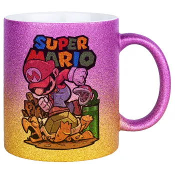 Super mario Jump, Κούπα Χρυσή/Ροζ Glitter, κεραμική, 330ml