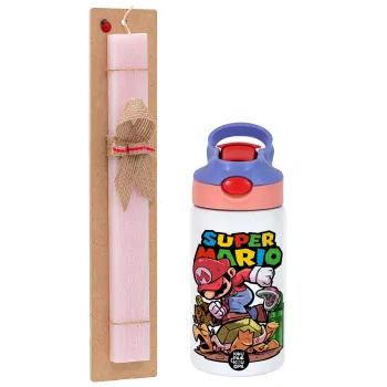 Super mario Jump, Easter Set, Children's thermal stainless steel water bottle with safety straw, pink/purple (350ml) & Easter scented flat candle (30cm) (PINK)