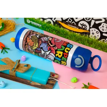Super mario Jump, Easter candle, Childrens hot water bottle, stainless steel, with safety straw, BLUE (500ml)