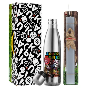 Super mario Jump, Easter Set, metallic stainless thermos flask (500ml) & scented flat Easter candle (30cm) (GRAY)