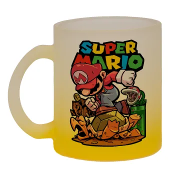 Super mario Jump, Κούπα γυάλινη δίχρωμη με βάση το κίτρινο ματ, 330ml