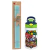 Easter Set, Children's thermal stainless steel bottle with safety straw, green/blue (350ml) & aromatic flat Easter candle (30cm) (TURQUOISE)