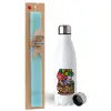 Easter Set, metallic stainless steel water bottle (750ml) & aromatic flat Easter candle (30cm) (TURQUOISE)