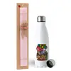 Easter Set, metallic stainless steel water bottle (750ml) & scented flat Easter candle (30cm) (PINK)