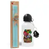 Easter Set, metallic aluminum water bottle (500ml) & scented flat candle (30cm) (TURQUOISE)
