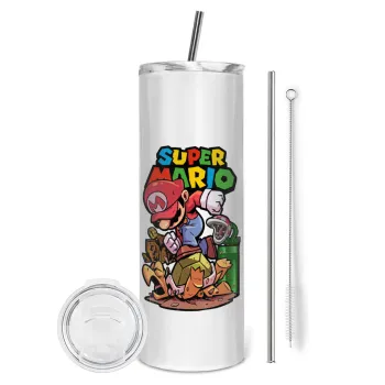 Super mario Jump, Tumbler ποτήρι θερμό από ανοξείδωτο ατσάλι 600ml, με μεταλλικό καλαμάκι & βούρτσα καθαρισμού