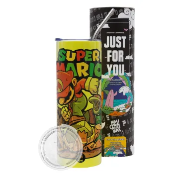 Super mario Jump, Neon Yellow Travel Tumbler θερμό, μεταλλικό καλαμάκι(Ανωξείδωτο 304 Food grade, BPA free, 600ml)
