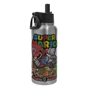 Super mario Jump, Μεταλλικό παγούρι θερμός Silver με καλαμάκι και χερούλι (Stainless steel), διπλού τοιχώματος, 950ml